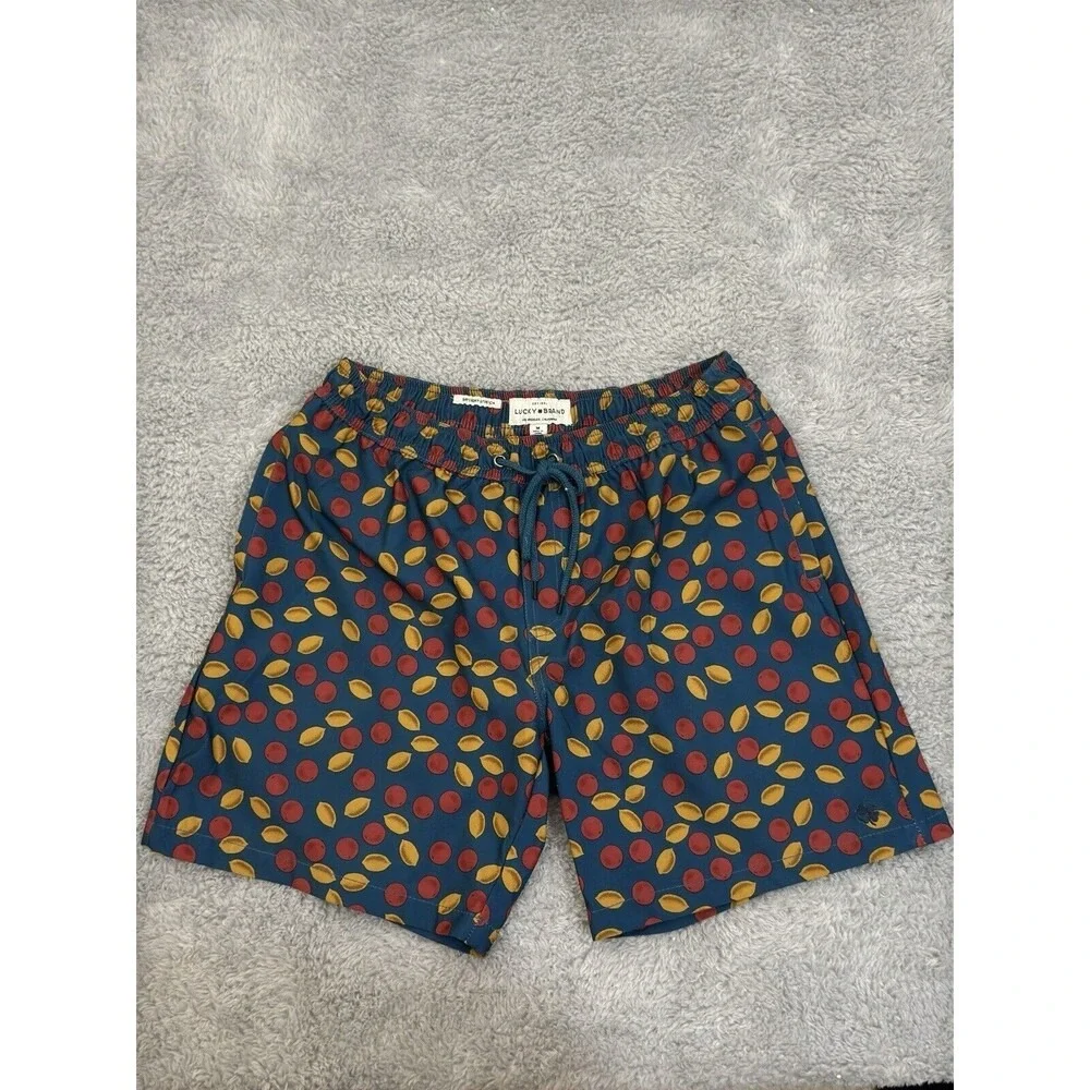 Lucky Brand Mens Saturday Stretch Swim Trunks Teal Fruit Lemon Cherry Print M